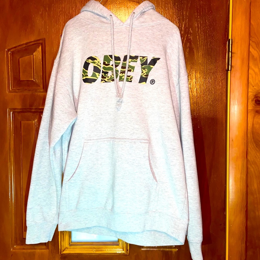 Obey Gray & Camouflage Hoodie: Size Medium